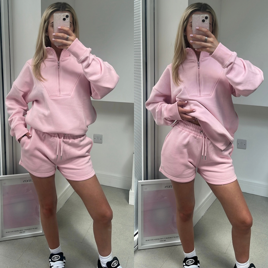 Baby Pink Zip Shorts Tracksuit